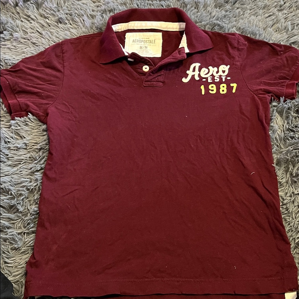 Aeropostale Men's Burgundy Polo with Yellow Details